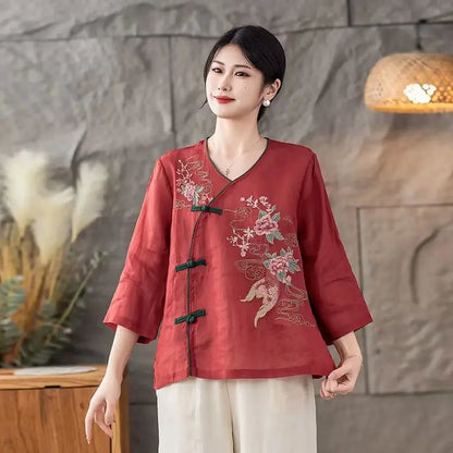 New 2025 Women's Linen Shirt V-Neck Side Button Chinese Style Loose Top National Style Floral Embroidery Thin Summer Fashion