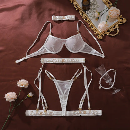 Ellolace Premium Women's Lingerie Sets Sissy Metal Decor Sheer Bra 6PC Set Fantasy Cougar Clubwear Sexy Cool Girls' Intimates