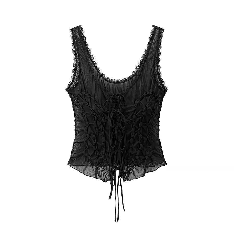 DUOPERI Women Y2K Fashion Solid Pleated Lace Up Slim Fitting Camisole Straps V-Neck Female Chic Lady Casual Tank Tops