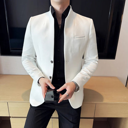 Waffle New Chinese Stand-Up Collar Suit Coats Men Slim Fit Business Casual Fashion Suits Jacket Formal Social Prom Party Tuxedos