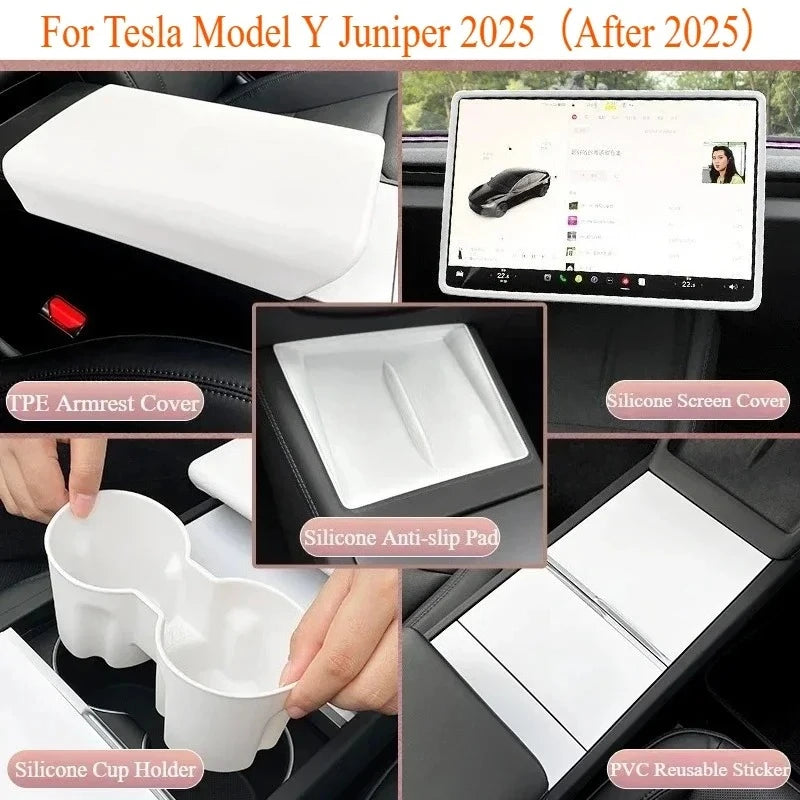 For Tesla Model Y Juniper 2025 White Interior Accessories Center Control Armrest Box Organizer Storage Box Cup Holder New Model3