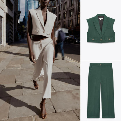High Waist Wide Leg Pants Zipper Decoration Short Sleeve Turn-down Collar Single Pocket Decoration Fashion Set for Women