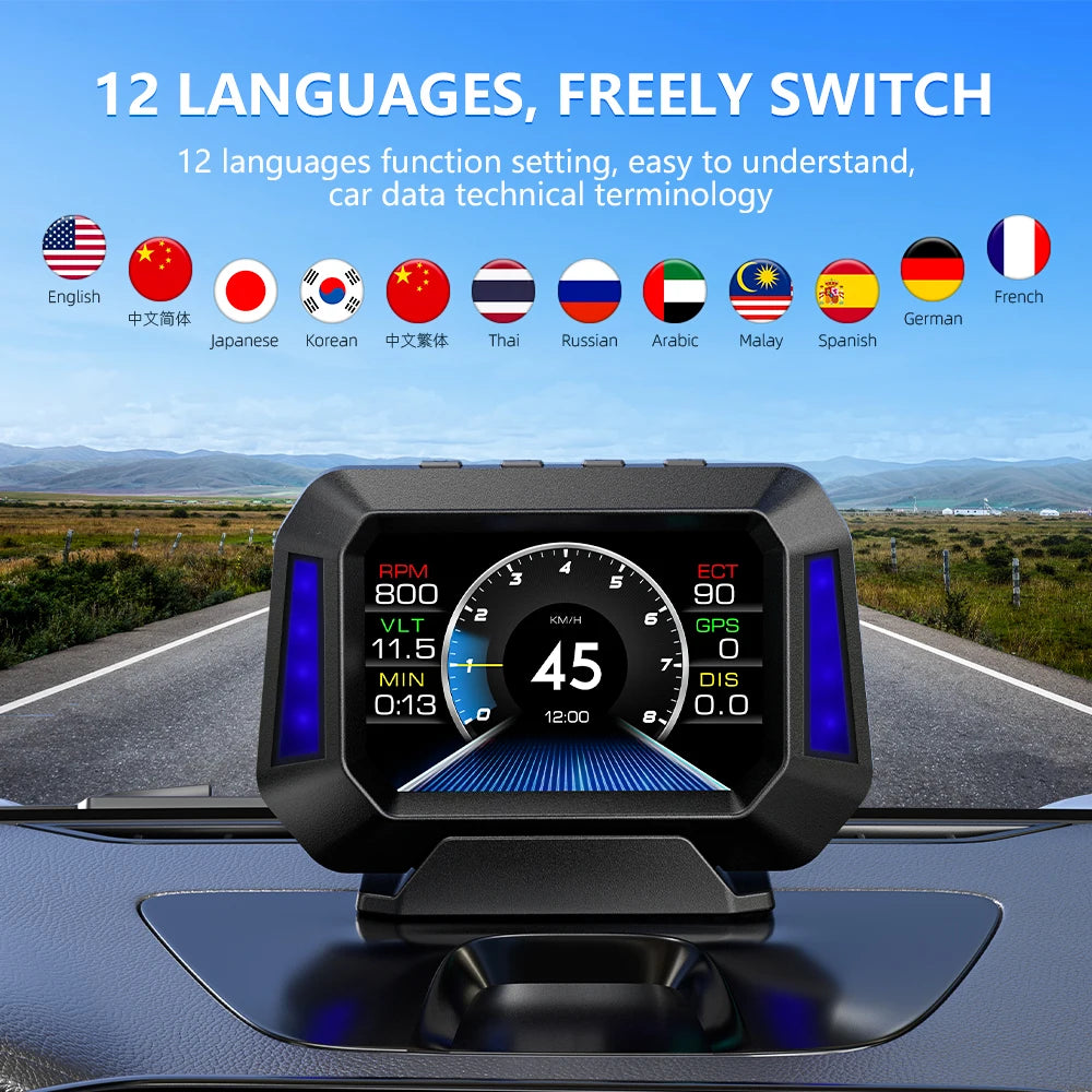 Head up Display OBD + GPS Car Water Temperature Turbo Oil Temperature Multi-function Meter LCD Display Automotive Speed Alarm
