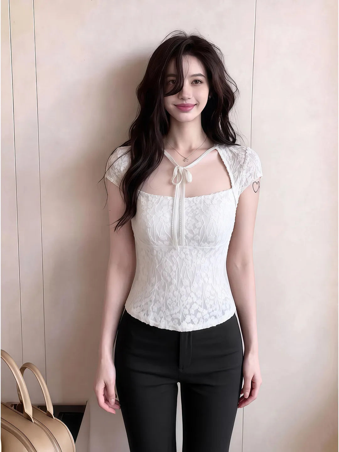 Pure Desire Lace Short Sleeve T-Shirt Women Summer Slim Fit Square Collar Knot Shoulder Top Trendy Spicy Girl Breathable