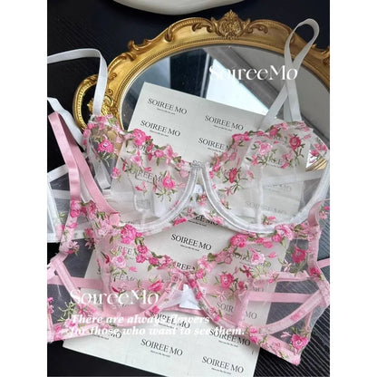 Pure & Sexy Japanese Lingerie Set, Pink Floral Tulle with Embroidery, Harajuku Style Aesthetic Set BANERDANNI Sexy Panty &Tusjy
