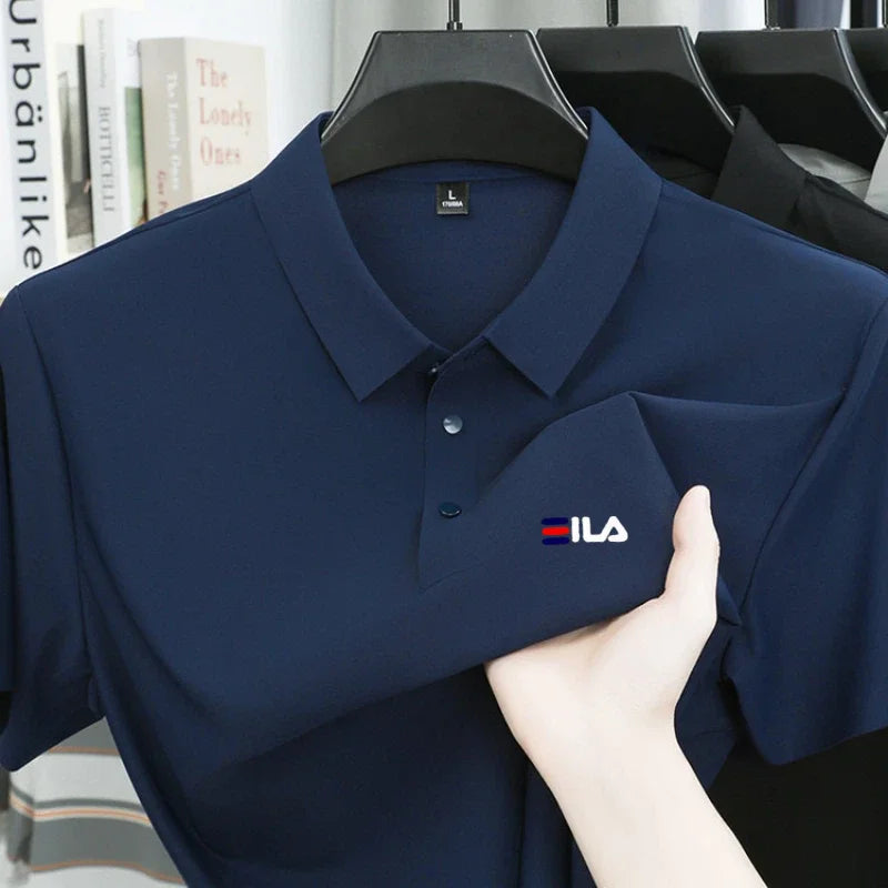 High end ice silk short sleeved men's polo shirt brand printed top summer new comfortable and breathable business casual T-shirt