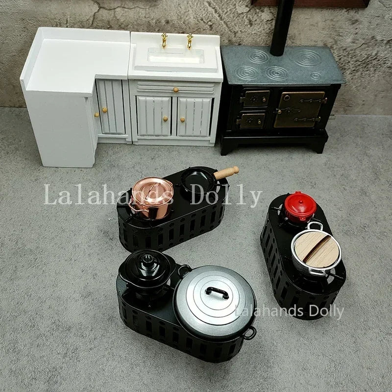 Dollhouse Miniature Kids Furniture Items Mini Alloy Hearth/Gas burner/Pan/Pot Set Kitchen Toys Kitchen Furniture Accessories