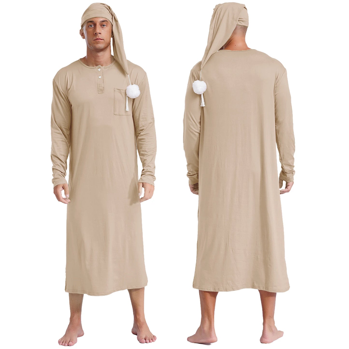 Mens Solid Color Long Sleeve Sleep Robe with Night Cap Round Neck Big & Tall Nightshirts Home Loungewear Pajamas Sleepwear