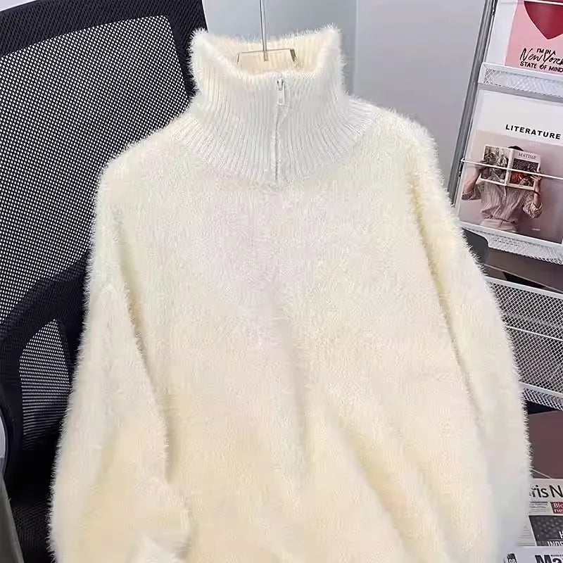 Half zip high neck sweater, men's faux mink fur versatile, solid color, half zip knit sweater, worn with plush sweater on top