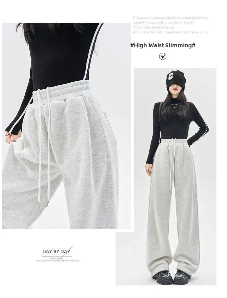 Gray Lamb Velvet Sport Pants Women's High Waist Drapey Fleece Wide Leg Casual Small Size Thickened Cotton Pants