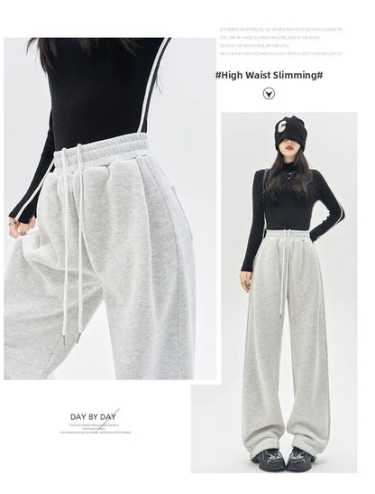 Gray Lamb Velvet Sport Pants Women's High Waist Drapey Fleece Wide Leg Casual Small Size Thickened Cotton Pants