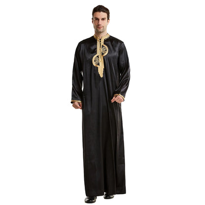 TH819 Men's Muslim Middle Eastern Men Long Sleeves Stand Collar Silk Emboridery Robe Male Ramadan Eid Jubba Thobe