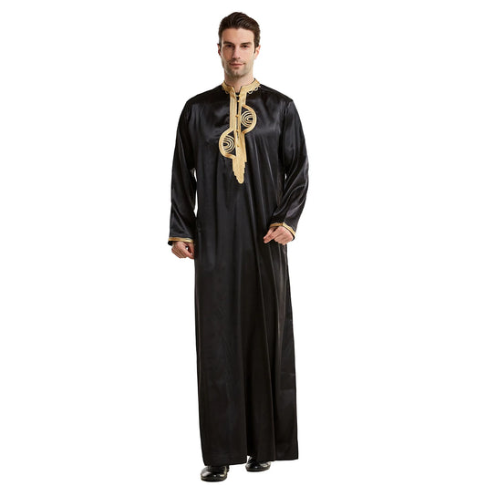 TH819 Men's Muslim Middle Eastern Men Long Sleeves Stand Collar Silk Emboridery Robe Male Ramadan Eid Jubba Thobe