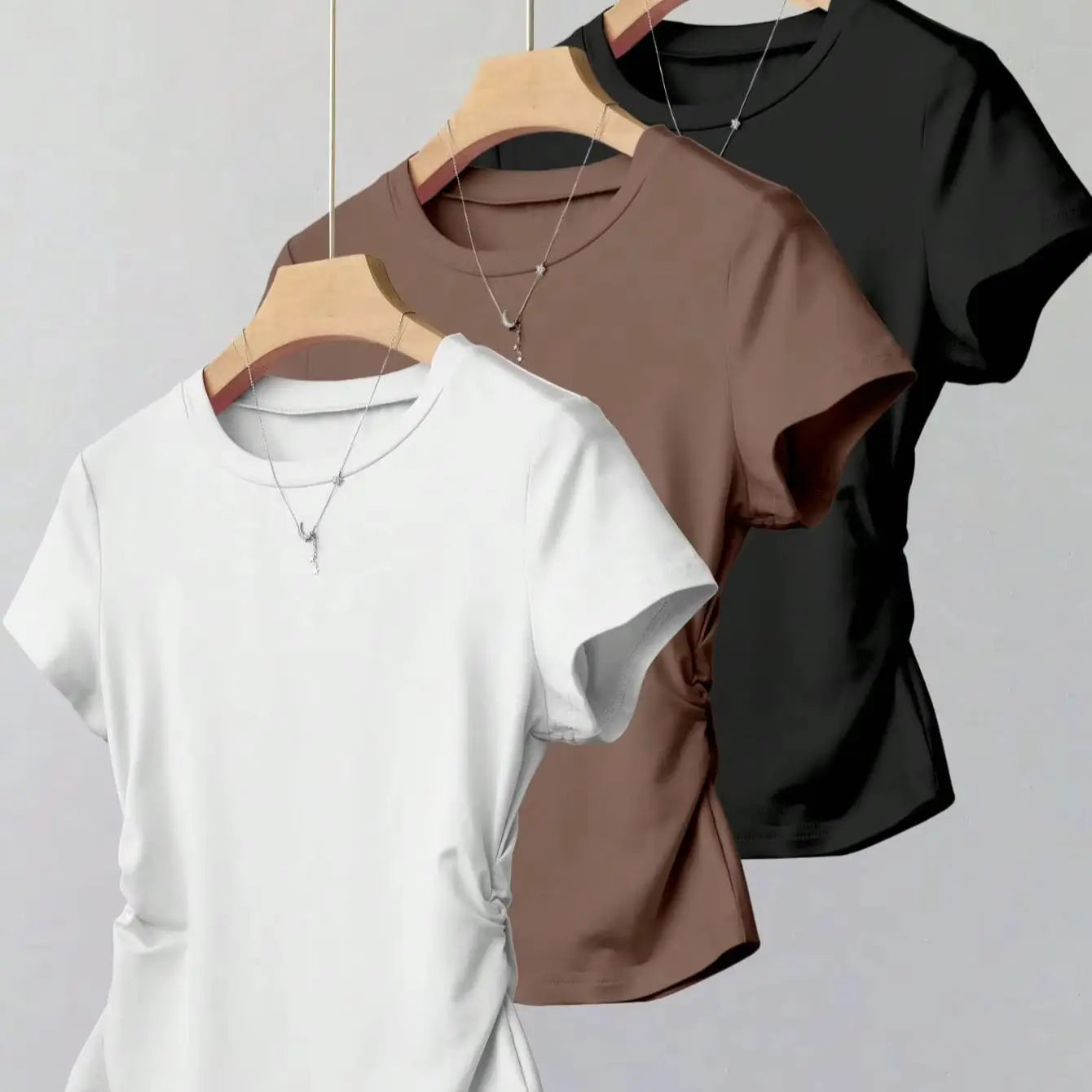 Women 3 Pack Solid Color T-Shirt Casual Ruched Side Crew Neck Short Sleeve Slim Fit Top Set