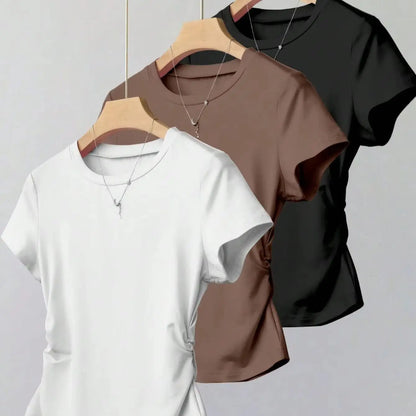 Women 3 Pack Solid Color T-Shirt Casual Ruched Side Crew Neck Short Sleeve Slim Fit Top Set