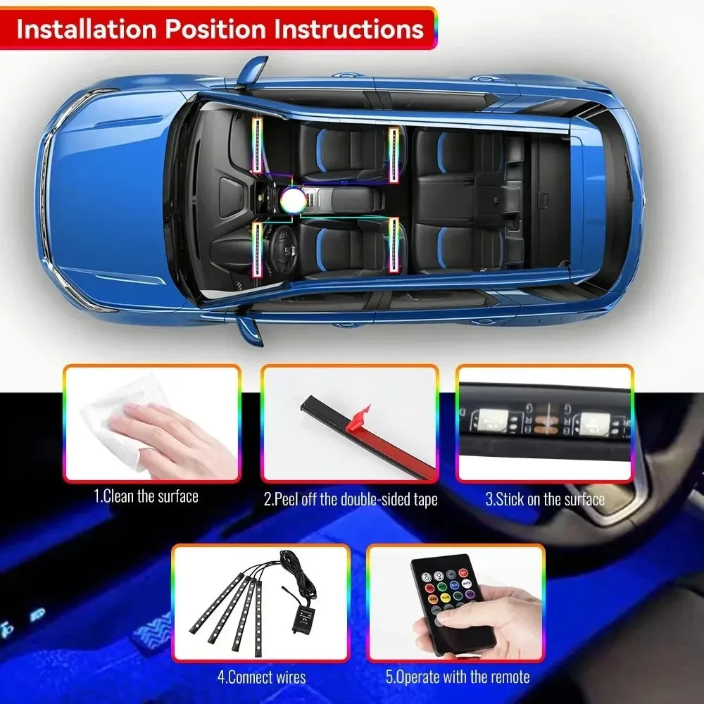 Neon Led Car Lights Strip Ambient Light Auto Wireless Remote Music APP Control RGB Atmosphere Decorative Lamp Auto Accessories