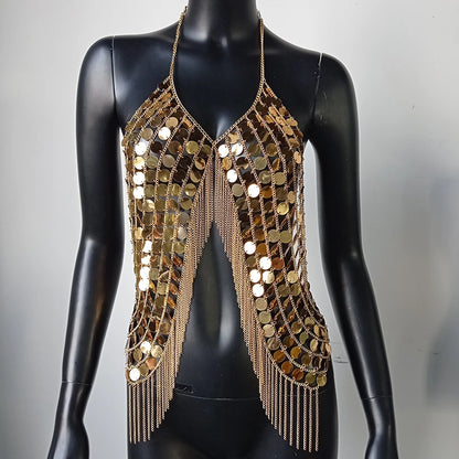 AKYZO Sequined Crop Tops for Women Metal Chain Tassel Nightclub Dance Wear Party Burning Outfits Plastic Tank Top Sexy Festival