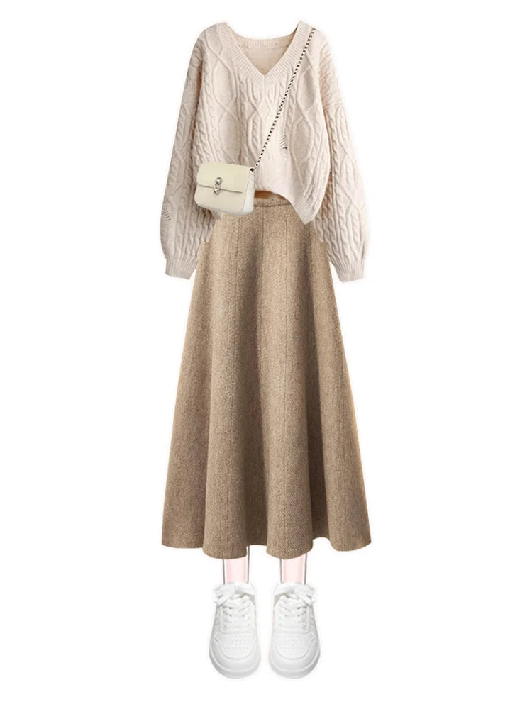 plus Size Women's Simple Knitted Sweater And  Skirt Two-Piece Set Korean Style Slimming Meat Covering Fashionable Ensemble