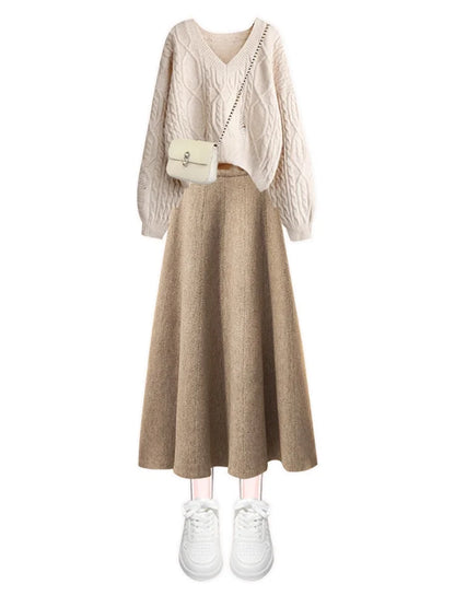 plus Size Women's Simple Knitted Sweater And  Skirt Two-Piece Set Korean Style Slimming Meat Covering Fashionable Ensemble