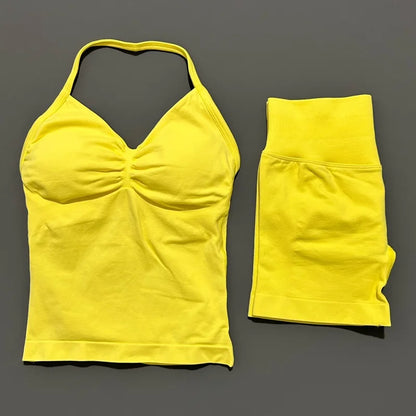 HISTELLO 2 Pieces Sports Set Women Yoga Longline Strap Top Scrunch Seamless Shorts Sport Gym Set Sportswear Workout Fitness Set