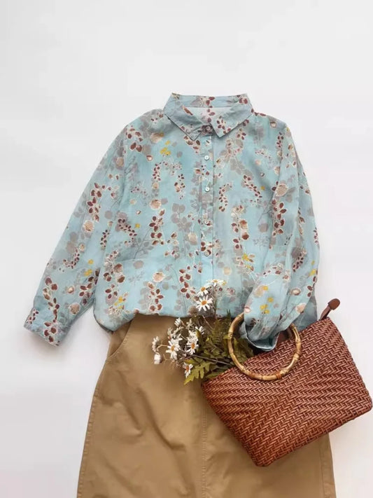 Loose Fit Linen Shirt Women's Thin Long Sleeve Casual Open Cardigan Top Artistic Print Commute Style Autumn Winter Shirt