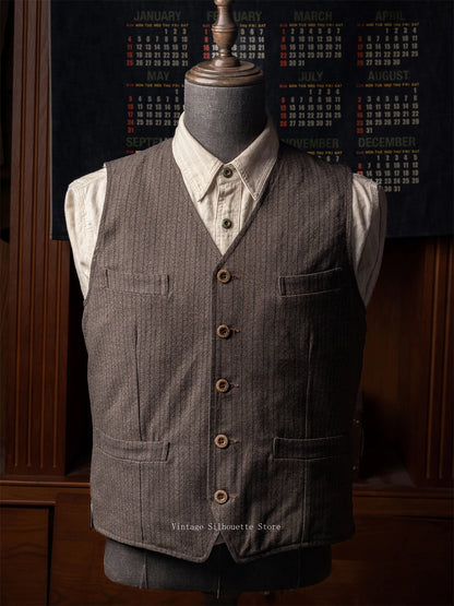 Red Tornado 1920s Salt & Pepper Striped Work Vest Vintage Americana Style Men's Four-Pocket Waistcoat Brown