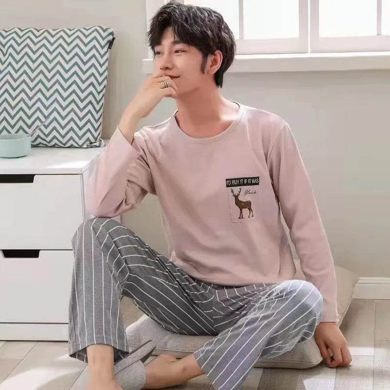 Men‘s Pajama Set Long Sleeve Black Striped Fall and Winter Youth Student Nightwear Loungewear Two Piece Set Sleepwear Homewear
