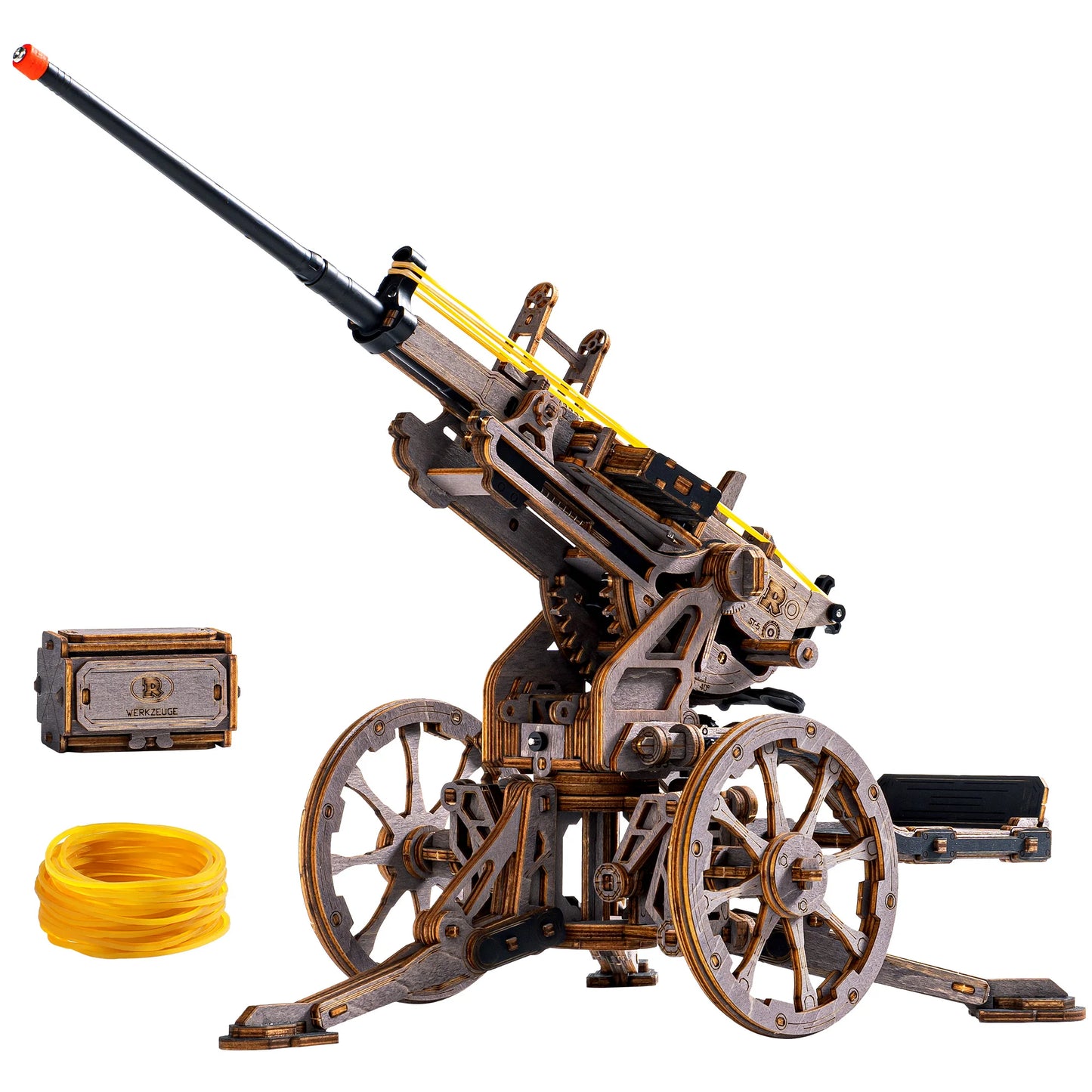 ROKR Anti-aircraft Gun Wooden 3D Puzzle Mechanical Rubber Band Shooting Model Building Kit 133-Piece Puzzle Toys for Desktop Decor Gift for Adults Kids