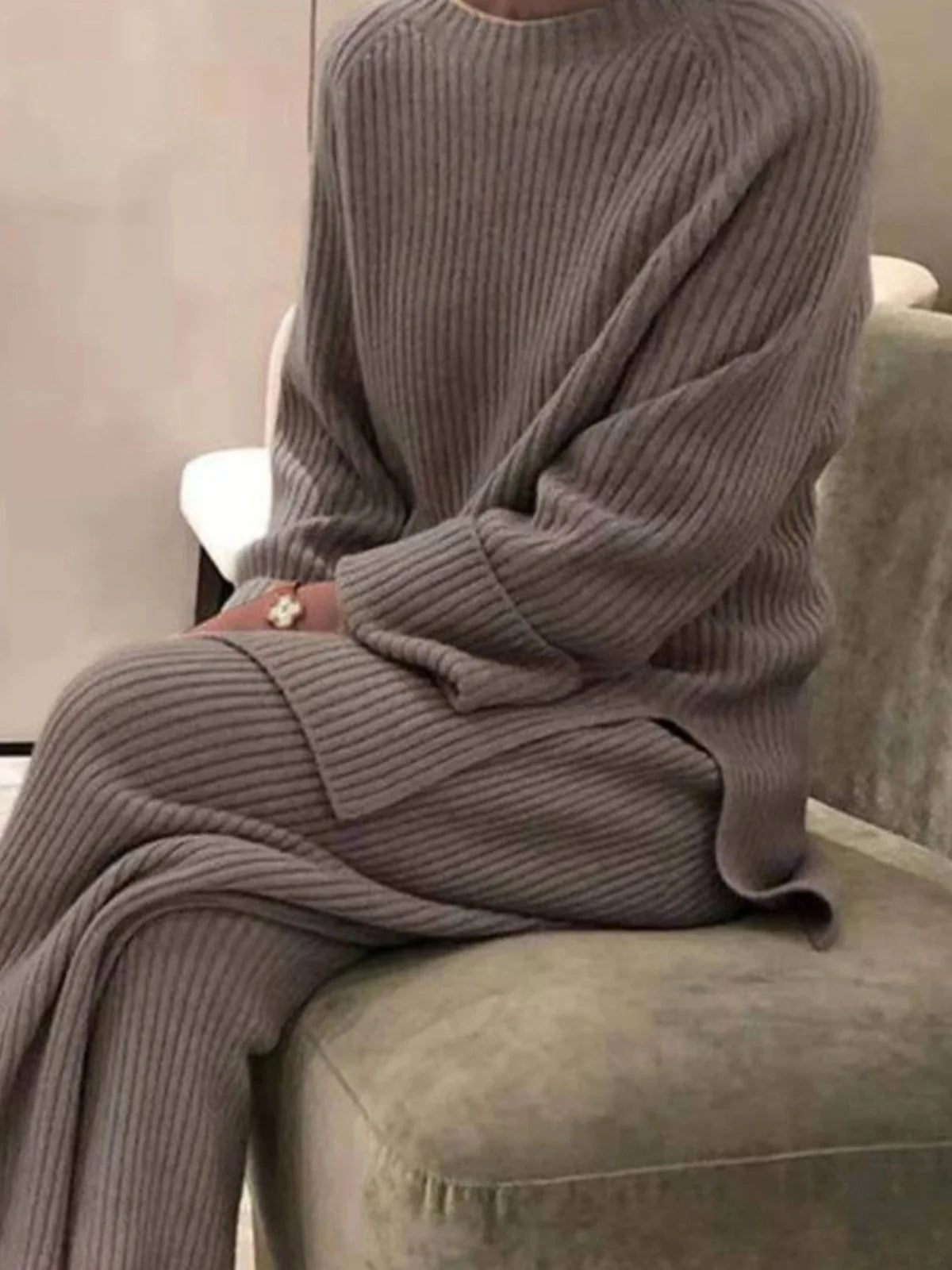 Casual Women's Knitted Sweater Two-Piece Set Cross-Border Fashion Spring Long Sleeve Pants Long Pants Suitable for 18-25 Year...