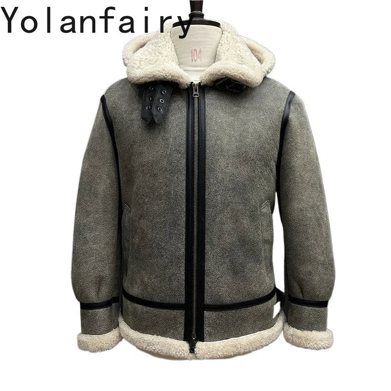 YOLANFAIRY New Natural Fur Coat Man Warm Hooded Winter Real Sheepskin Genuine Leather Jacket Men High Quality Leather Jackets