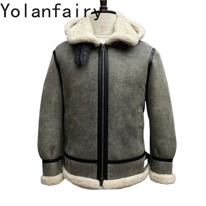 YOLANFAIRY New Natural Fur Coat Man Warm Hooded Winter Real Sheepskin Genuine Leather Jacket Men High Quality Leather Jackets
