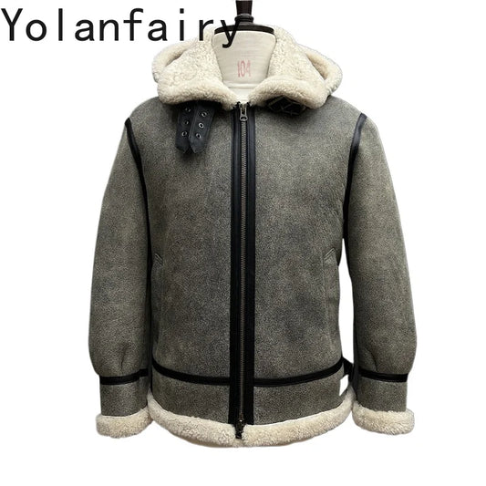 YOLANFAIRY New Natural Fur Coat Man Warm Hooded Winter Real Sheepskin Genuine Leather Jacket Men High Quality Leather Jackets