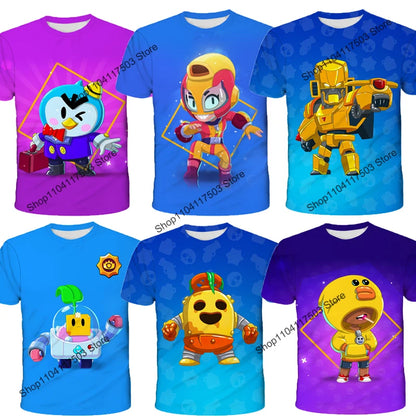 Brawler Leon Shooter Kids T-shirt Shooting Game Spike 3D Print Tshirt Boys Girls Cartoon Tops Teen Clothes