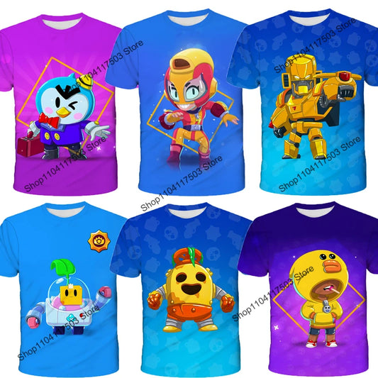 Brawler Leon Shooter Kids T-shirt Shooting Game Spike 3D Print Tshirt Boys Girls Cartoon Tops Teen Clothes