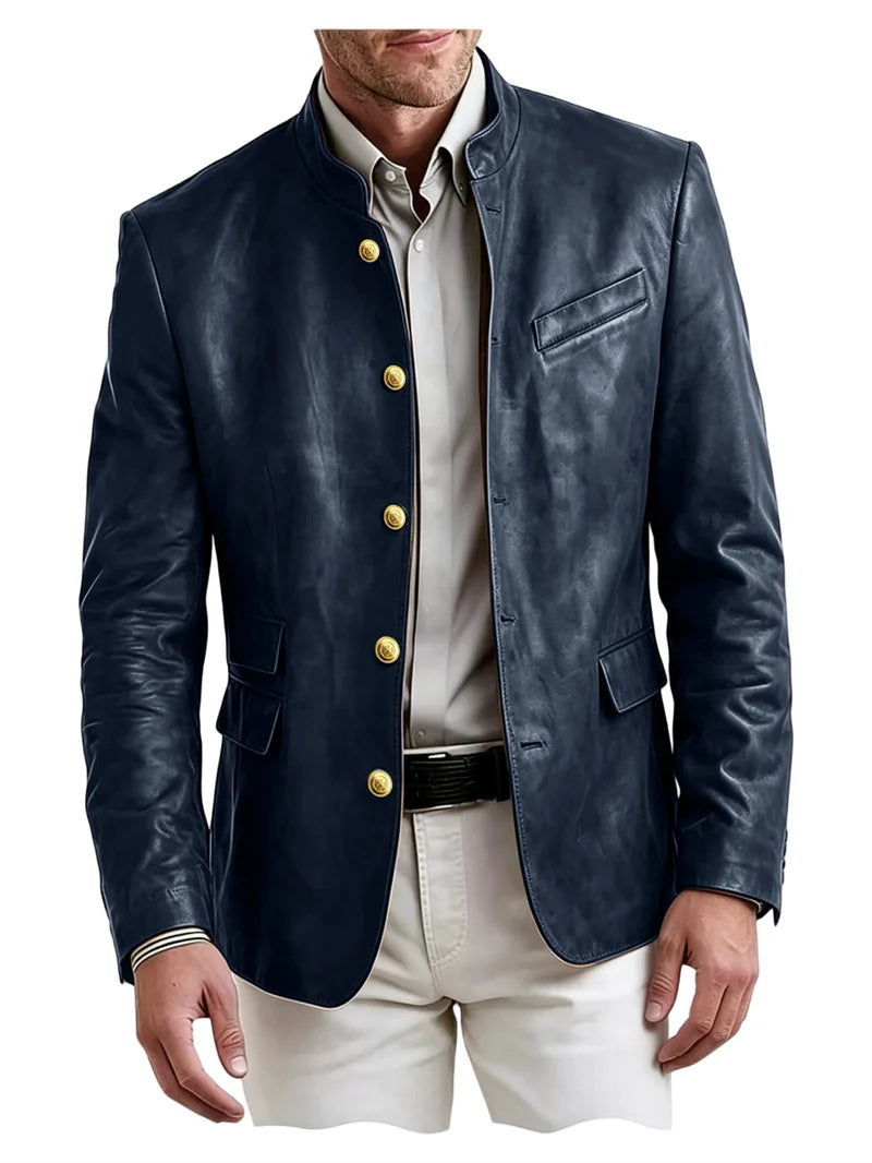 Men's Stand Collar Leather Blazer Slim Fit Single Breasted Golden Metal Buttons Multi Pocket Coat For Business Wedding Daily