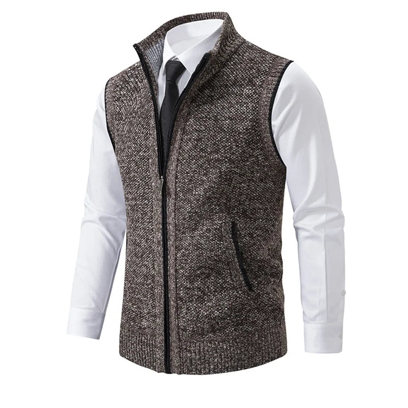 Men's Winter Autumn Sweater Vest Knitted Sleeveless Cardigan Stand Collar Zipper Sweatercoat Warm Simple Style Male Knitwear