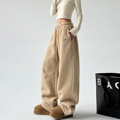 High Waist Drawstring Straight Leg Fleece Lined Casual Pants Women's Thickened Winter Fashion Korean Style Warm Trousers