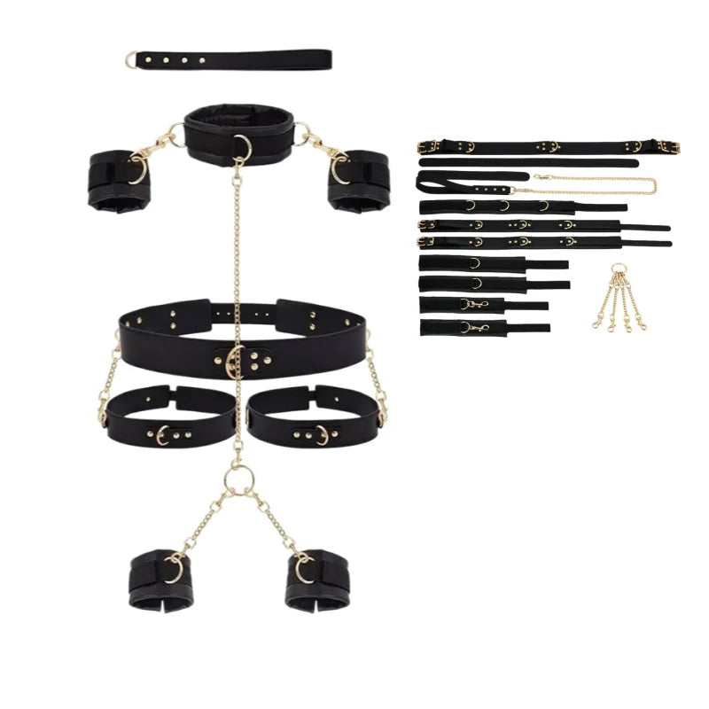 7Pcs Adjustable BDSM Bondage Kit Collar Hand Thigh Cuffs Waist Strap Traction Chain SM Couple Erotic Toy 18+