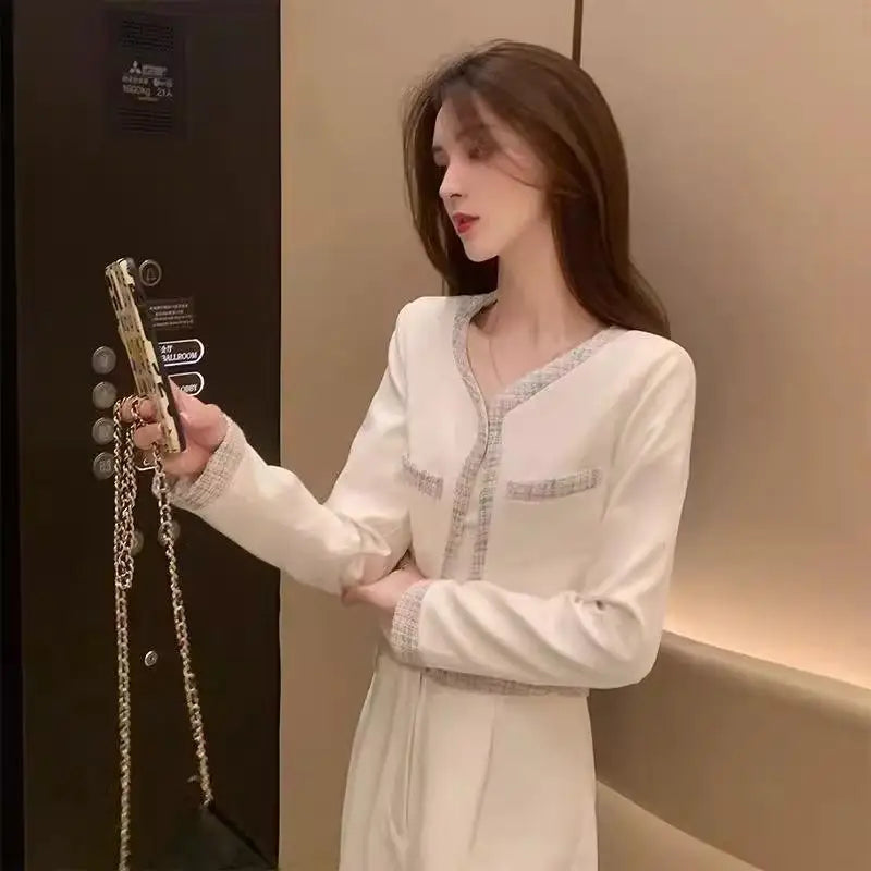 Elegant Fashion Set Women's Spring Autumn New Style Small Fragrance Wind Coat Wide Leg Pants Two Piece Set High Waist Long Pants