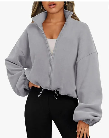 Loose Stand Collar Fleece Casual Jacket Women's Comfortable Polyester Blend Long Sleeve Zipper Closure Fashionable Sweatshirt