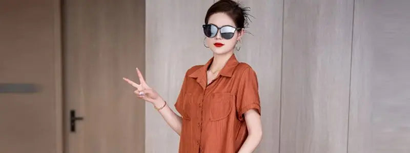 Chic Cotton Linen Two-Piece Set Short Sleeve  Collar Mom Summer Fashion Ensemble for Women over 35 Years Old