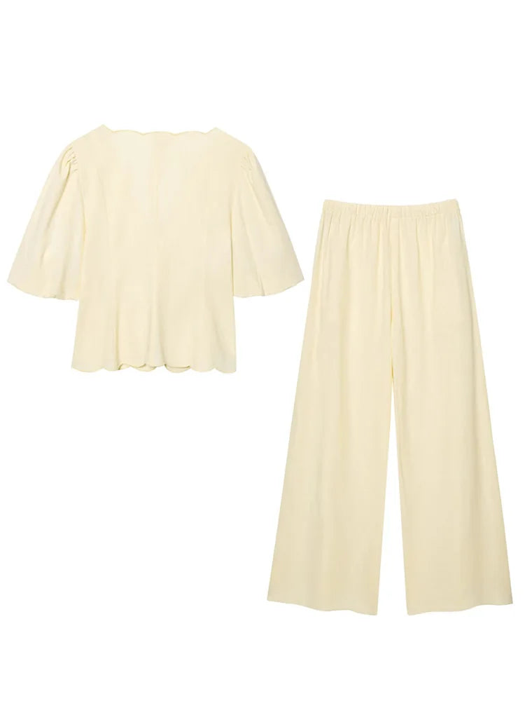 HH Women Chic Solid Simple Wave Edge V-Neck Puff Sleeves Short Shirt Top+High Waist Draw Rope Design Casual Loose Trousers
