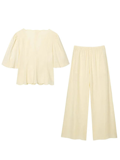 HH Women Chic Solid Simple Wave Edge V-Neck Puff Sleeves Short Shirt Top+High Waist Draw Rope Design Casual Loose Trousers