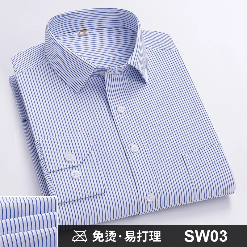 Men's Formal Shirt Long Sleeve S~8XL Oversized Office Solid Color Striped Anti-wrinkle Non-ironing Fashion Business White Shirts