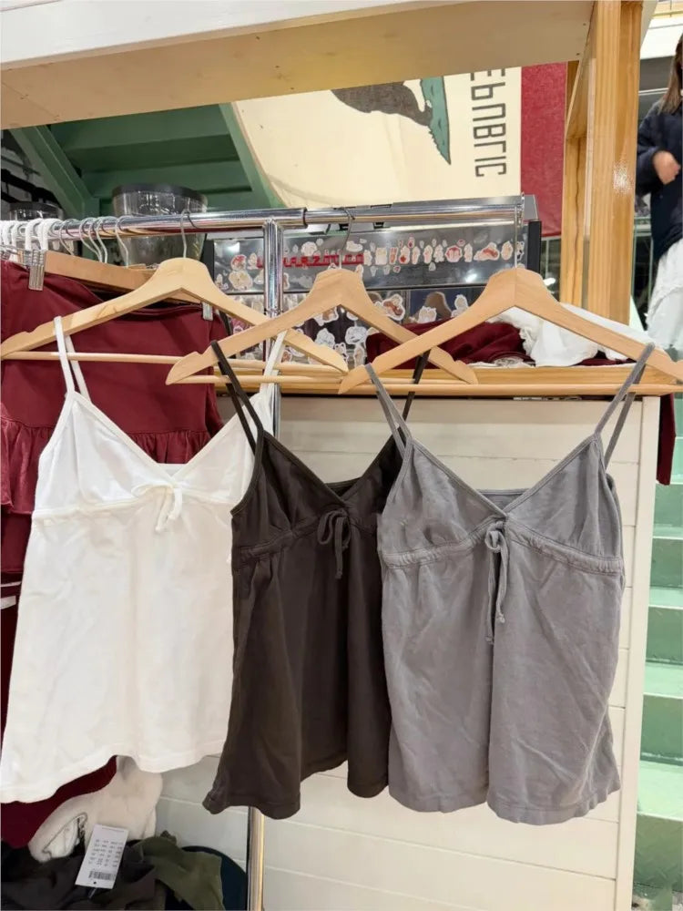 Sweet Lace-up Camisole Women Summer Streetwear Simple Basic Deep V-neck Sleeveless Vests Vintage Cute Cotton Tank Tops Y2K