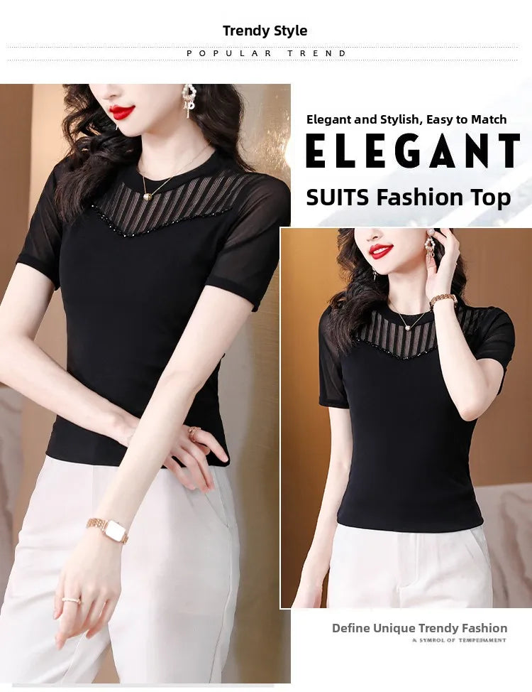 Lace Short Sleeve Slim Fit T-Shirt Women's Summer New Netting Thin Style round Neck Regular Length Pure Color Commute Style