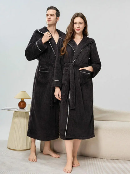 Couples Thickened Hooded Bath Robe Warm Sleepwear for Men And Women Cotton Velvet Winter Home Clothes Unisex Pajamas