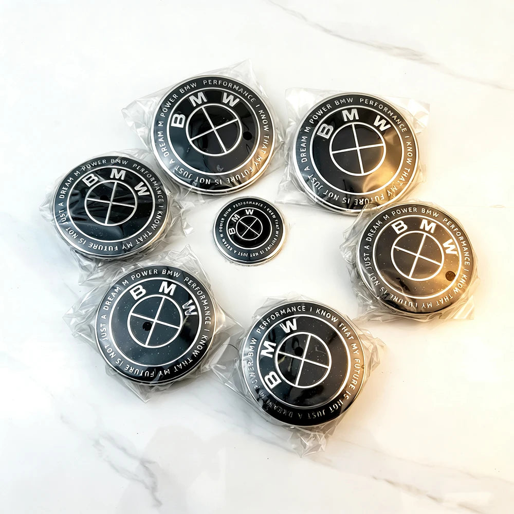 7pcs for BMW E36 E46 E53 E90 E60 E61 E93 E87 50th Car Hood Front Rear Trunk Emblem Wheel Center Hub Cap X1 X3 X5 F30 F20 G30