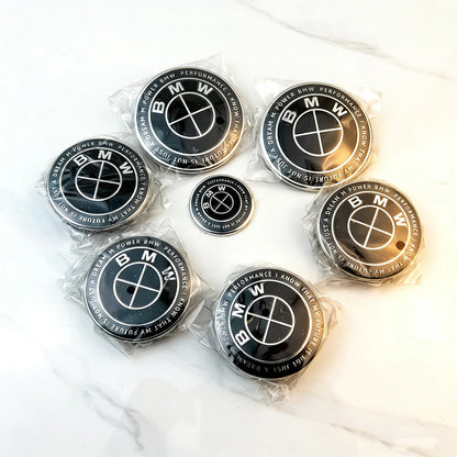 7pcs for BMW E36 E46 E53 E90 E60 E61 E93 E87 50th Car Hood Front Rear Trunk Emblem Wheel Center Hub Cap X1 X3 X5 F30 F20 G30