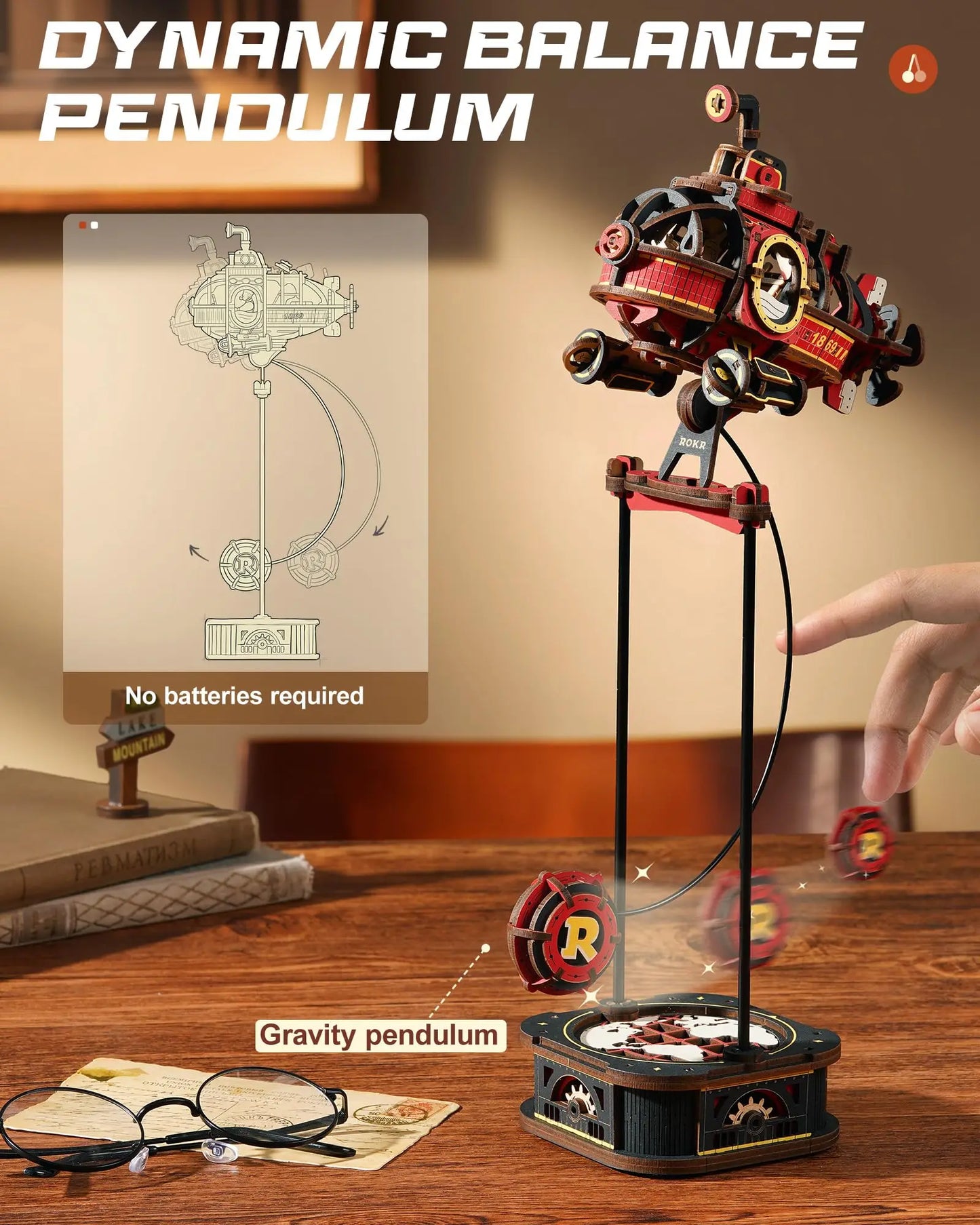 Robotime Deep Sea Adventurer 3D Wooden Puzzle Kinetic Submarine Pendulum Toy Gravity Powered Swing Motion Desk Decor for Adults